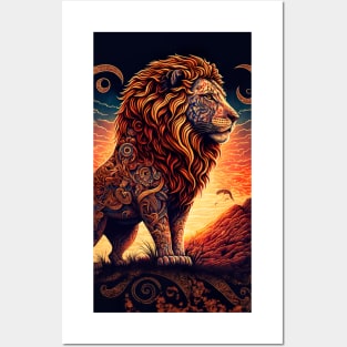 Lion and Mountain Sunset Scene Posters and Art